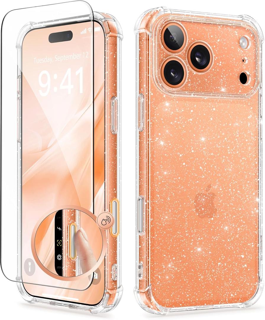 GVIEWIN for iPhone 17 Pro Max Case with Screen Protector, Upgraded [Full Camera Protection] [Non Yellowing] Glitter Slim Shockproof Clear Women Phone Cover for iPhone 17 Pro Max 6.9" (Twinkle Clear)
