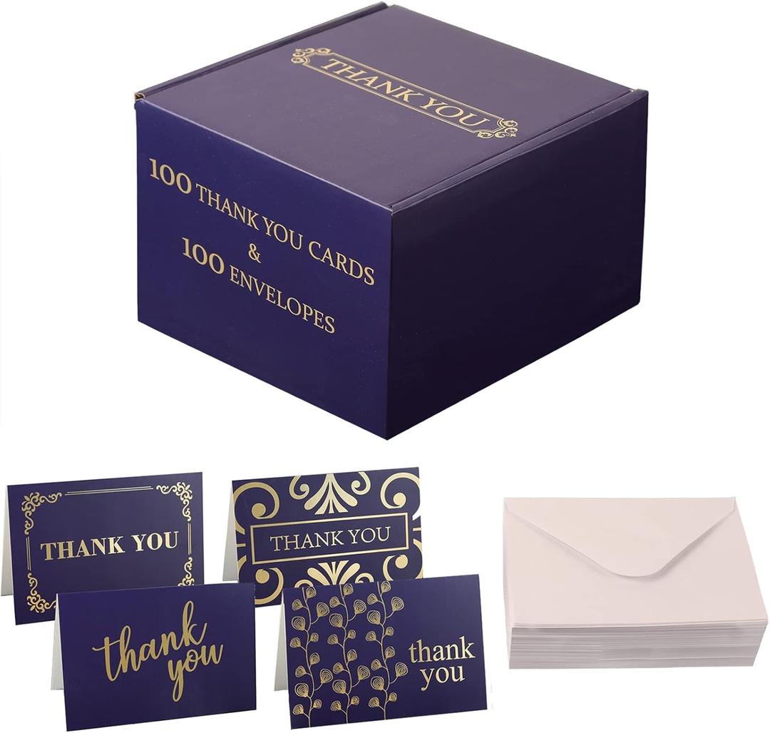 Bonfasvo 100 Pack Blue Thank You Cards & 100 Pack White Envelopes 4.25 x 6.25 inches Elegant Fold Over Greetings Blank Inside, Handwritten Style For Business Graduation Baby Shower & Wedding