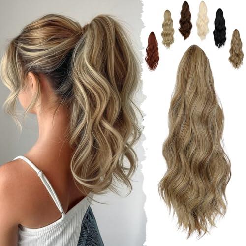 FELENDY 16" Ponytail Extension Long Curly Wavy Ponytails Clip in Claw Hair Extension Pony Tails Natural Looking Synthetic Hairpiece for Women Light Brown mix Ash Blonde