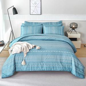 RYNGHIPY Comforter Sets Queen Size Breathable Durable Soft Smoky Blue Boho Bedding Set Warm and Lightweight Microfiber Comforter for All Season Retro Striped Print Bed in a Bag (Smoky Blue,Queen)
