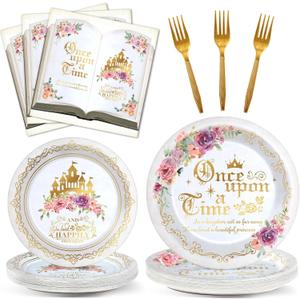 96Pcs Fairytale Princess Plates and Napkins Once Upon a Time Party Tableware Set Plates for Wedding Girl Pink Floral Gold Castle Dinnerware for Birthday Party Baby Shower Decoration Supplies Serve 24
