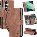 for Samsung Galaxy-Z-Fold-7 Wallet Case: with RFID Blocking Card Slots (6 Cards) & Hidden S Pen Holder | Soft PU Leather Magnetic Snap Zipper Wrist Strap Protective Phone Cover - Brown