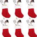 6Pcs Christmas Tableware Silverware Holders Set, Red Knitted Christmas Stockings Knife and Fork Bags Covers for Thanksgiving New Year Party Decorations Xmas Dinner Table Decor Ornaments (Red)