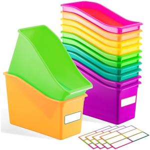 Geetery 12 Pcs Book Bin for Classroom Stackable Plastic Organizing Bins 11.5 x 5.4 x 7.5 in Book Holders Storage Bins Box Baskets for Classroom Library Home (Bright Color)