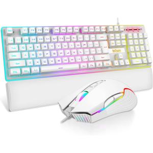 RedThunder K10 Wired Gaming Keyboard and Mouse and Wrist Rest Combo, RGB Backlit, Mechanical Feel Anti-ghosting Keyboard + 7D 7200 DPI Mice+Soft Leather Wrist Rest 3 in 1 PC Gamer Accessories(White)