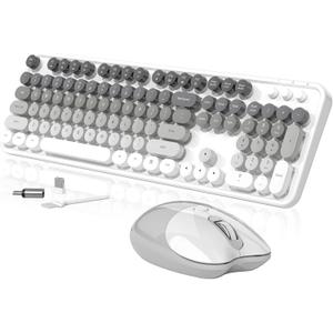 Creamy Wireless Keyboard and Mouse, MOFII 104 Round Keycaps Retro Typewriter with OTG & Brush, Full-Size Ergonomic, Ideal for Windows PC, Home, Office and College Gray White