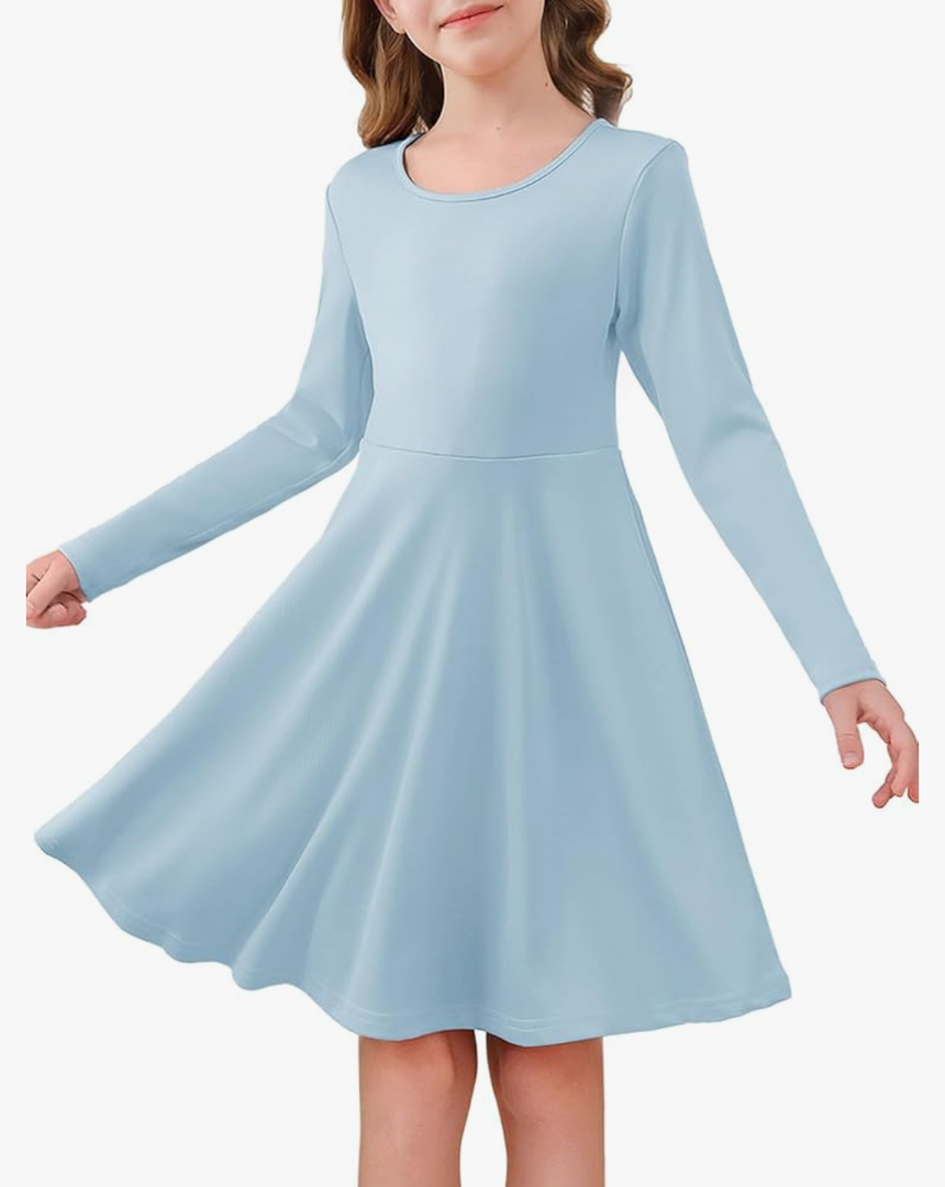Haloumoning Girls Long Sleeve Skater Dress Kids Casual Crewneck A-Line Flowy Fall Dresses (Size 120 )