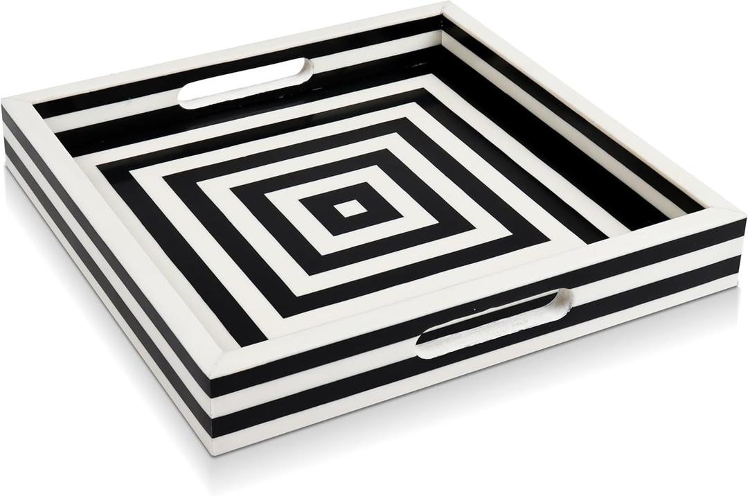 Handicrafts Home Handmade Concentrics Pattern Inspired Decorative Tray - 12x12 Ottoman Tray, Multipurpose Resin Inlay Centerpiece Tray for Living Room Dining Entertaining and Display (Black & White)