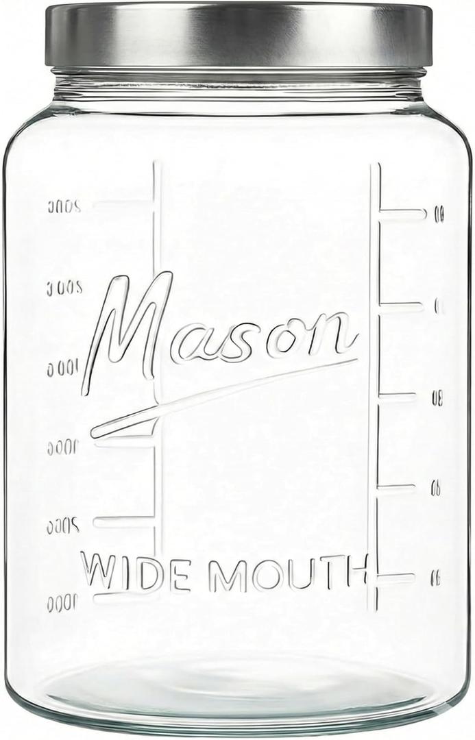 Kitchentoolz Extra Large Mason Jar - 1 Gallon Glass Wide Mouth Jar with Airtight Metal Screw on Lid, Food Storage Container with Measurement Marks For Kitchen Pantry, Pickling, Flour & Sugar Pack of 1