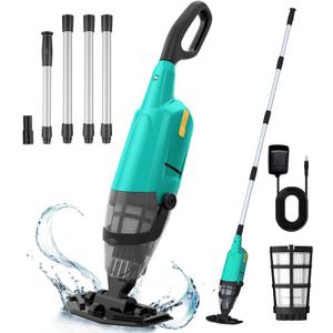 Pool Vacuum for Above Ground Pools, Rechargeable Portable Handheld Pool Vacuums with Brush Head, Aluminum Pole, 18 Gal/Min, Spa Vacuum for Hot Tub, Cordless Pool Vacuum for Inground Pools (Green)