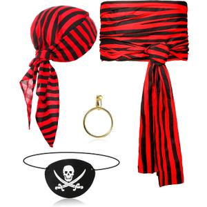 5 Pcs Captain Pirate Costume Accessories Set Pirate Eye Patch Large Sash Headband Necklace Earring for Women Men (Black and Red)