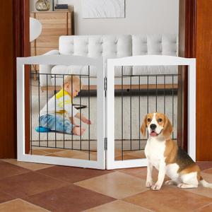 ZJSF Freestanding Foldable Dog Gate for House Extra Wide Wooden White Indoor Puppy Gate Stairs Pet Gates Doorways Pet Gate Tall Dog Fence 2 Panels, 40” Width x 0.51” Depth x 24” Height