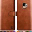 SUANPOT for Galaxy S9 Wallet Case - RFID Blocking Leather, Credit Card Holder, Flip Folio, Shockproof Cover, 5.8" - Light Brown