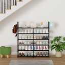 2-Row 6-Tier Stackable Shoe Rack, Black Metal Shoe Shelf with Multifunctional Hooks, Hold 24-30 Pairs, Space Saving Shoes Organizer for Closet,Show Rack
