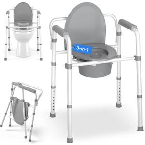 3-in-1 Bedside Commode Chair 350 lbs Weight Capacity Folding Frame,Gray