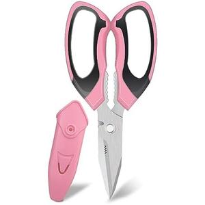 FTECYBO Heavy Duty 8'' Multipurpose Scissors with Protective Cover, Stainless Steel Serrated Blades, Easy Cutting Cardboard, Leather, Fabric, Wires (PINK)