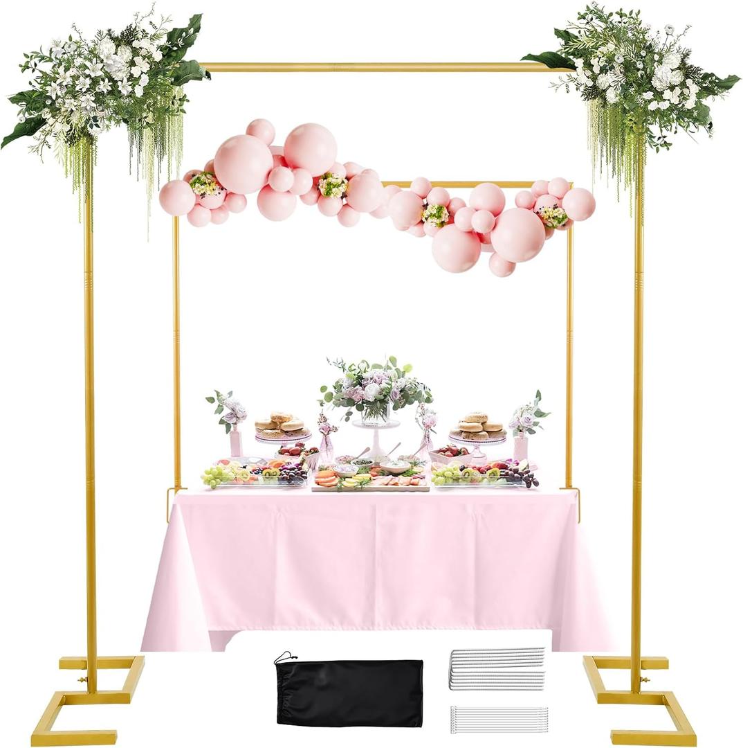 8.2FT Square Arch Backdrop Stand,Metal Gold Backdrop Stand Heavy Duty Adjustable,Extra 2 Clamps Change Over The Table Rod Stand,Wedding Balloon Arch Stand for Baby Shower Parties Decoration