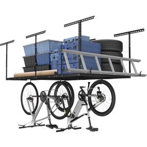 FLEXIMOUNTS 4x8 Overhead Garage Storage Rack w/Hooks Adjustable Ceiling Storage Rack, 96" Length x 48" Width x 40" Height, 22''-40" Ceiling Dropdown, Black, Classic Series