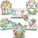 Wenqik 6 Pcs Spring Wooden Table Decorations Wood Tabletop Sign Centerpiece Rustic Spring Decorations for Office Desk Farmhouse Home Kitchen Tiered Tray Decor Shelves Table Decorative