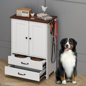 Rovibek Dog Feeding Station with Elevated Dog Bowls with Storage Drawers Pet Storage Cabinet and Pet Feeding Station with Leash Hooks, Pet Organizers for Food & Supplies, White ( 23.6 x 13.8 x 31.5 inches)