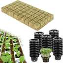 50Sets 1in Rockwool Cubes for Hydroponics with Net Pots - Rock Wool Planting Cubes 50 Plugs & 50 Plant Net Cups for Rooting Clone Plants Aquaponics Growing System Vertical Garden Tower Supplies