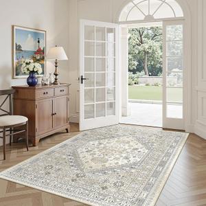 3x5 Washable Area Rug for Entryway, Kitchen Rugs Non Slip for Dining Room, Vintage Floral Soft Living Room Rug, Thin Area Rug Indoor for Bedroom, Kids Room Decor(Beige,3'x5')