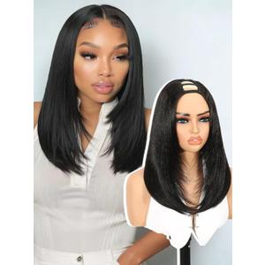 Quantum Love Yaki Straight Layered U Part Wig V Part Bob Half Wigs for Black Women Short Black Glueless Natural Looking Heat Resistant Synthetic Hair Replacement Wig (14 Inch)