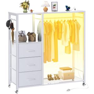 Dresser with Hanging Rack, Cute Wardrobe Dresser with Charging Station and LED Lights, White Dresser with 3 Drawers and 2 Tier Shelves, for Hallway, TV Stand Use