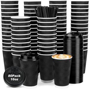 AIRE 80 Pack Coffee Cups with Lids 16 oz Disposable Coffee Cup for Hot and Cold Drinks, To Go Coffee Cup with Lids, Straws, Insulated Paper Cup Set for Home, Office, Travel, Cafe, Black