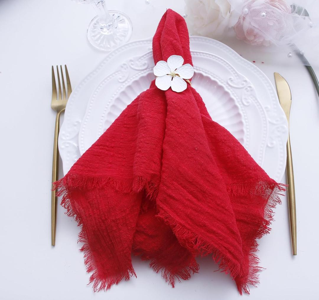 Cloth Napkins with Fringe Set of 12,100% Soft Cotton, Gauze Washable Napkins for Wedding Decorative,Valentine's Day, Dinner Parties,(16''*16'') Red