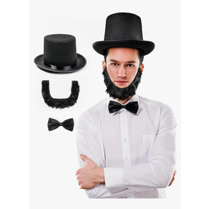 Abraham Lincoln Costume- 3 Pcs Black Top Hat Costume Set with Authentic Beard and Traditional Bowtie- Historic Presidents Day Costume for Adults - Patriotic Costume