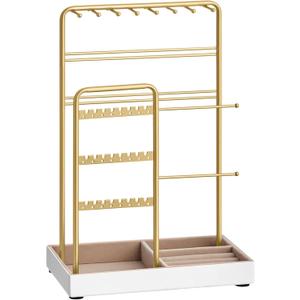 SONGMICS Jewelry Holder, Jewelry Organizer, Jewelry Display Stand with Metal Frame, Velvet Tray, Necklace Earring Bracelet Holder, for Studs, Rings, Gift Idea, Pale Gold UJJS021A01 (4.5"D x 7.7"W x 12.1"H)