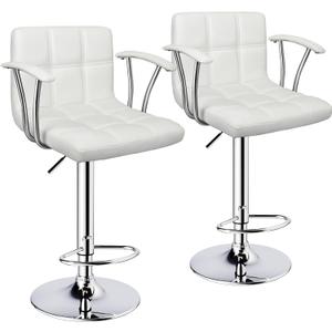 Bar Stools Set of 2,Armrest Adjustable Swivel Barstools with Back,Double Needle PU Leather Counter Height Bar Stools for Kitchen Island, White