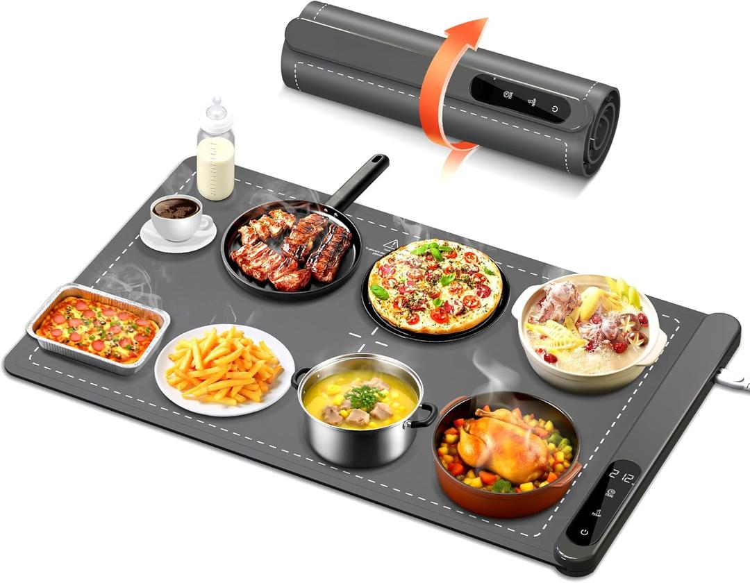 LBOLHZO Warming Mat For Food 500W Graphene High-Tech 5s Rapid Food Warming Mat 6-Temp And 6h Timer Food Warmer Auto Shut Off Chafing Dishes For Buffet Roll Up Food Warmers For Parties Buffet 24"Dx16"W (Grey)