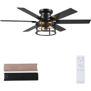 Ceiling Fans with Light and Remote,52inch Farmhouse DIY Caged Flush Mount Ceiling Fan with Reversible DC Motor Dual Finish 6 Blades,6 Speed Black Ceiling Fan for Patio,Bedroom,Indoor and outdoor