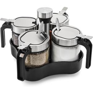 Revolving Spice Rack Organizer with 4 Pack Refillable Spice Jars and Spoons, Rotating Spice Rack for Countertop, Tower Seasoning Organizer for Salt, Sugar, Pepper Condiment, Herbs