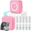 Inkless Mini Thermal Pocket Printer, Wireless Mini Sticker Printer with 10 Rolls Thermal Paper for iOS&Android, Portable Mini Photo Printer for Notes Journal Memo Photo Study, Pink