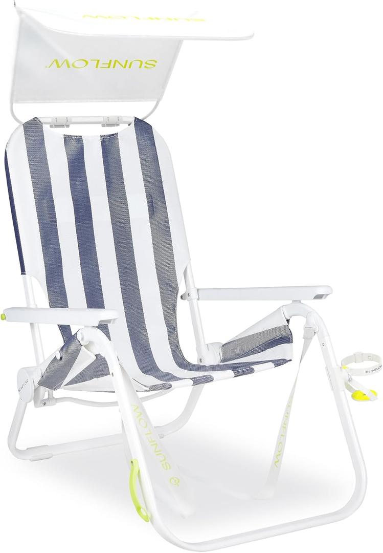 SUNFLOW Shore Thing Premium Beach Chair - Adjustable, Portable, Rust-Resistant, Reclining Beach Chair with UPF 50+ Sun Shade and Drink Holder for The Ultimate in Comfort - Deep Blue Stripe