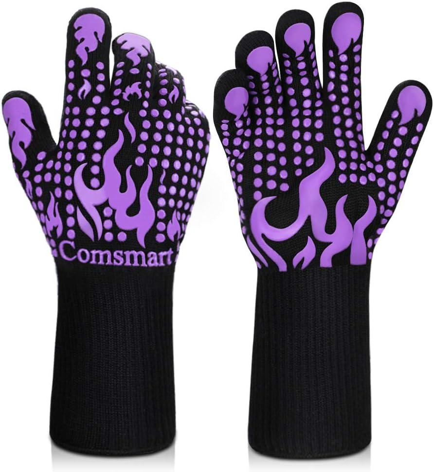 Comsmart BBQ Gloves, 1472 Degree F Heat Resistant Grilling Gloves Silicone Non-Slip Oven Gloves Long Kitchen Gloves for Barbecue, Cooking, Baking, Cutting (Purple)