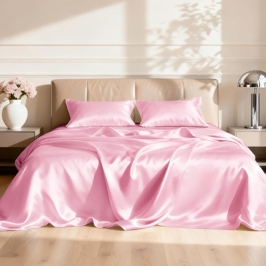 Love's cabin 4Piece California King Satin Bed Linen Set, Pink Silky Satin Sheets, Deep Pocket, Luxury Silk Feel, 1 Flat, 1 Fitted Sheet, 2 Pillow Cases