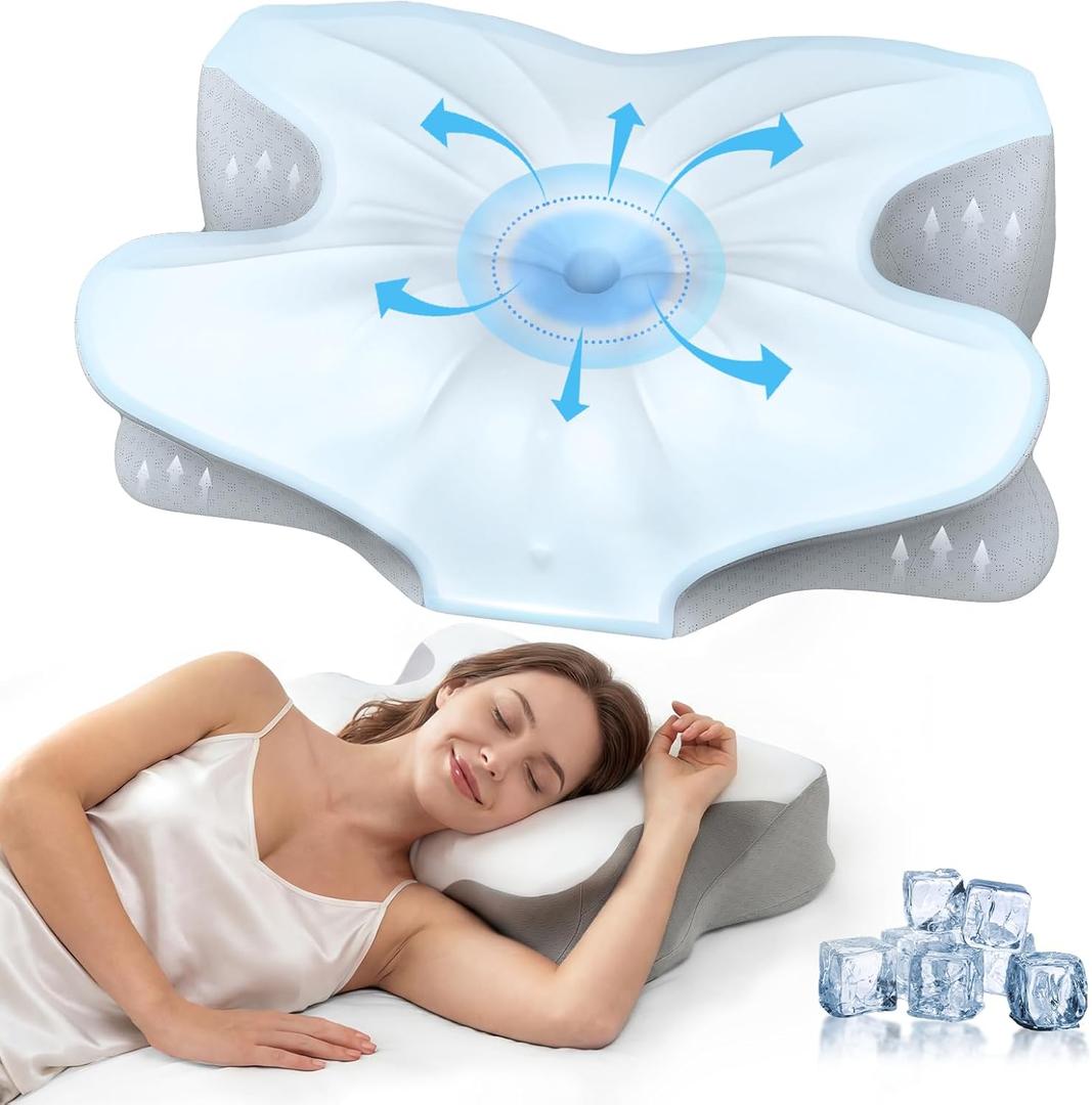 Cervical Memory Foam Pillow for Neck Pain Relief, Ergonomic Contour Pillow for Side, Back and Stomach Sleepers, Cooling Removable Breathable Pillowcase, Dual-Height Design (Queen Size, Light Gray)