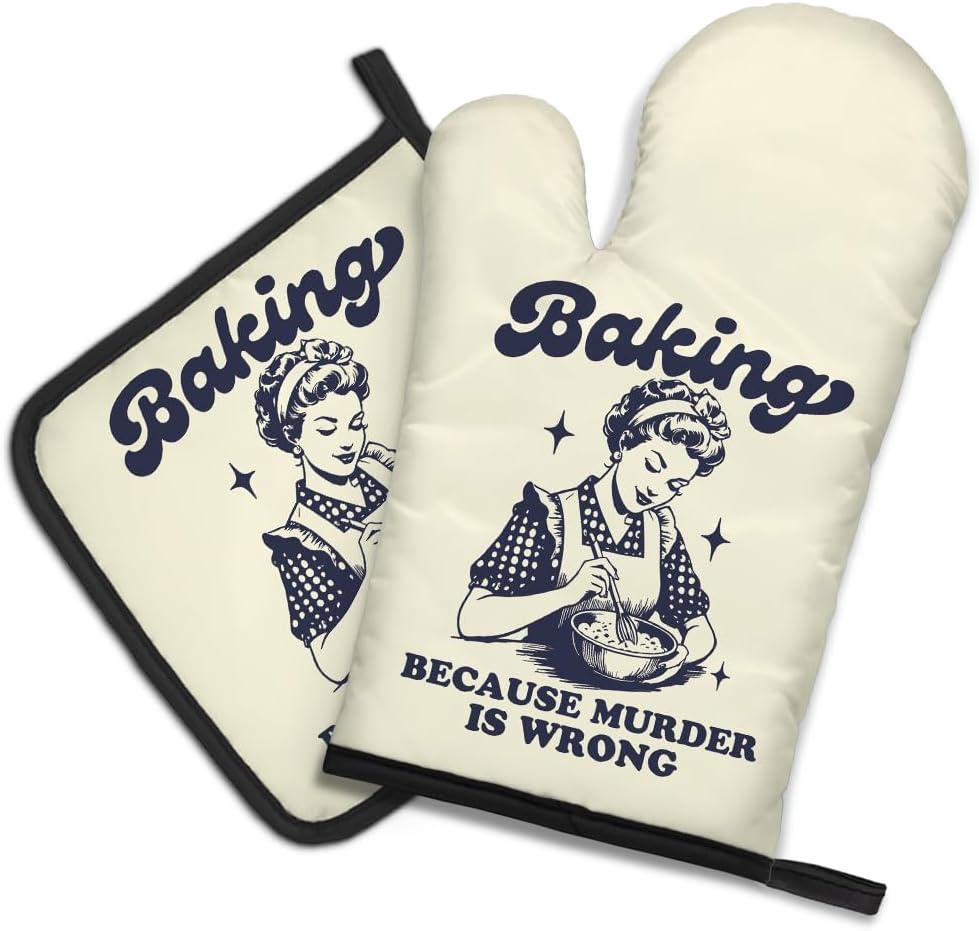 DYJYBMY Baking Because Murder is Wrong Funny Oven Mitts and Pot Holder Set, Humorous Vintage Lady Kitchen Gadgets for Women, Birthday Gifts for Bake Lover Chef, Hostess Gifts for Mom Wife Sister BFF (Beige01)