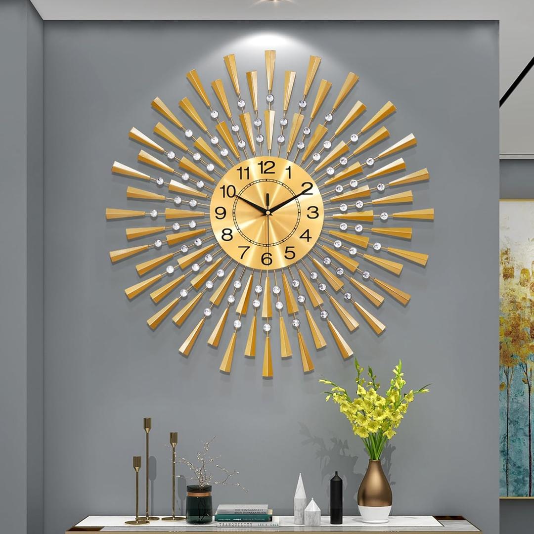 FLEBLE Large Wall Clocks for Living Room Decor Big Modern Silent Wall Clock Battery Operated Non-Ticking for Office Kitchen Bedroom Home Decorative Round Gold Metal Crystal Wall Watch for Indoor (27.5 inch)