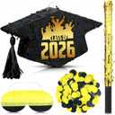 HyDren 16 Inch Graduation Piata 2026 Class of 2026 Graduation Cap Piata with Blindfold Bat and Confetti for College Middle School Elementary Congrats Grad(black gold,Elegant Style)