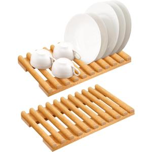 iLOT Solid Wood Kitchen Dish Drying Rack 10 Slots Plate Organizer for Cabinet New Apartment Essentials Plate Holder for Kitchen Display Countertop (Pack of 2)