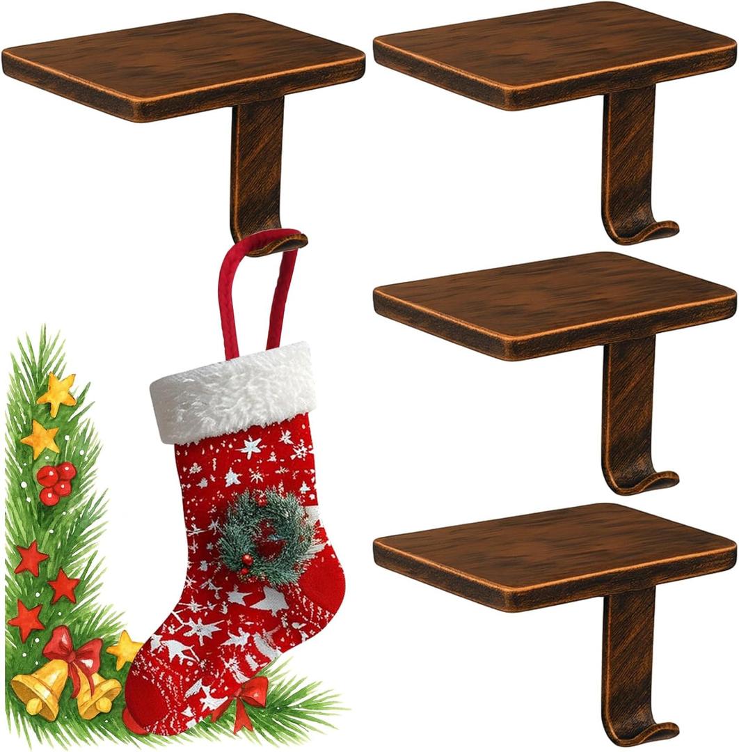 BlissfulTie Christmas Stocking Holders for Mantle Set of 4, Stocking Hangers for Mantel Weighted, Heavy Duty, Flat, for Garland, Fireplace, Wall (Bronze)
