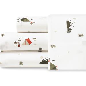 Eddie Bauer - Twin Sheets, Cotton Percale Bedding Set, Crisp & Cool Home Decor (Cascade Camping, Twin) (Cascade Camping White/Green/Orange)