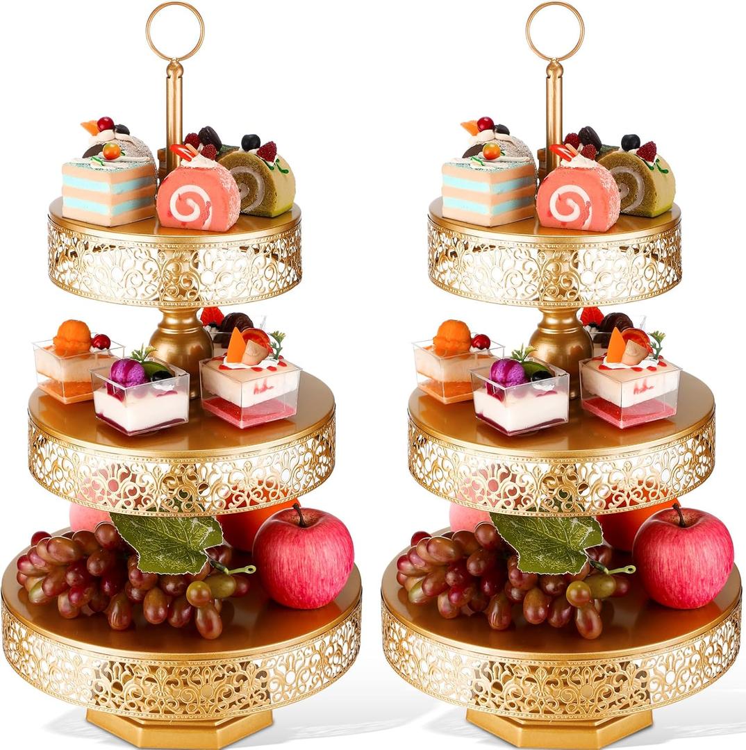 Dandat 2 Pcs Cupcake 3 Tiered Metal Dessert Stand Round Cupcake Tower Cake Holder Stand Tiered Serving Tray for Wedding Baby Shower Birthday Tea Party Table Decor(Gold)
