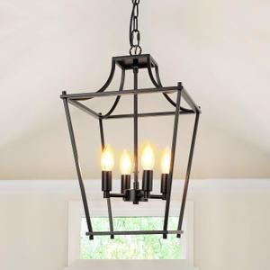 Black Lantern Pendant Light 4-Light Pendant Light Fixtures Hanging Farmhouse Chandelier with E12 Bulb Base, 12" Adjustable Lantern Light Fixture for Dining Room Kitchen Foyer (12 inch-Wire)