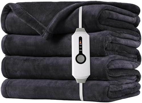 SUNNY HEAT Heated Electric Blanket Twin Size 72"x84" - Cozy Warm Flannel Heated Blanket with 4 Heating Levels & 10 Auto Off - Winter Comfort Heating Blanket, Sleep Aid Bedding, Dark Grey